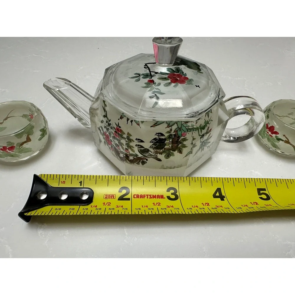 Vintage Cut Glass Miniature Tea Set‎ Teapot 4 Cups Bird Floral Motif Chinoiserie